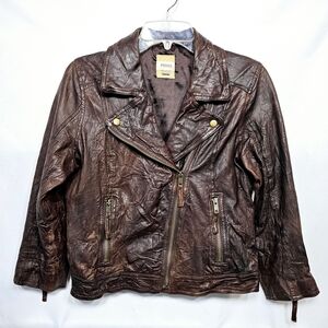 Fossil Brown Leather Moto Jacket | Size Small | Crinkle Texture & Brass Hardware